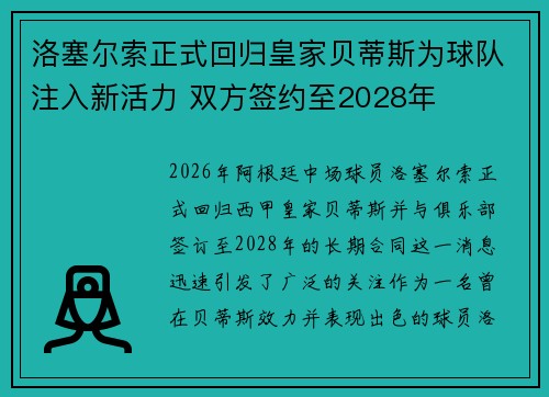 洛塞尔索正式回归皇家贝蒂斯为球队注入新活力 双方签约至2028年